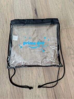 Amazon Clear Drawstring Bag with Bright Blue Prime Day Logo